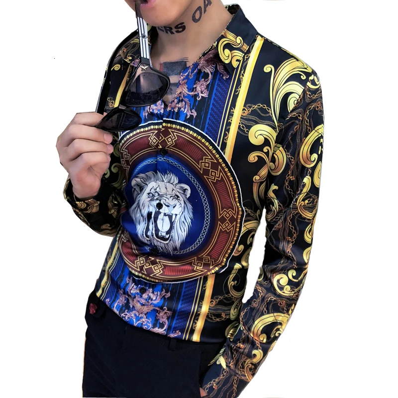 Роскошные мужские рубашки в Корейском стиле модная одежда Клубные с принтом льва