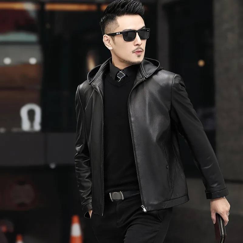 

Brand Business Men Real Leather Jacket 2021 Winter Detachable Hooded Down Jacket Casual Slim Short Male Clothing Formal Coat
