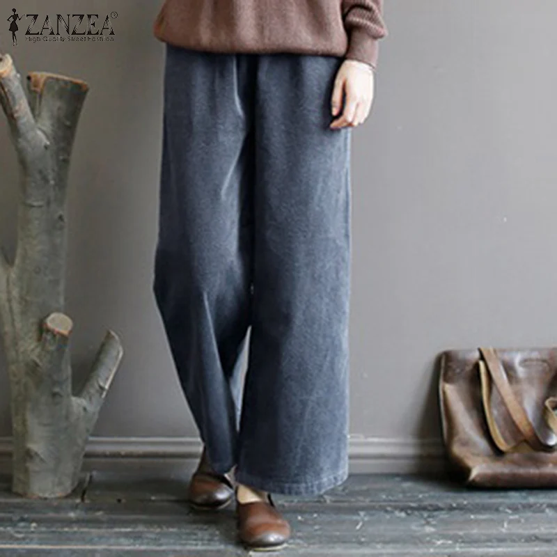 

ZANZEA Vintage Women Corduroy Pants Autumn Wide Leg Trousers 2022 Casual Elastic Waist Long Pantalon Female Loose Solid Palazzo