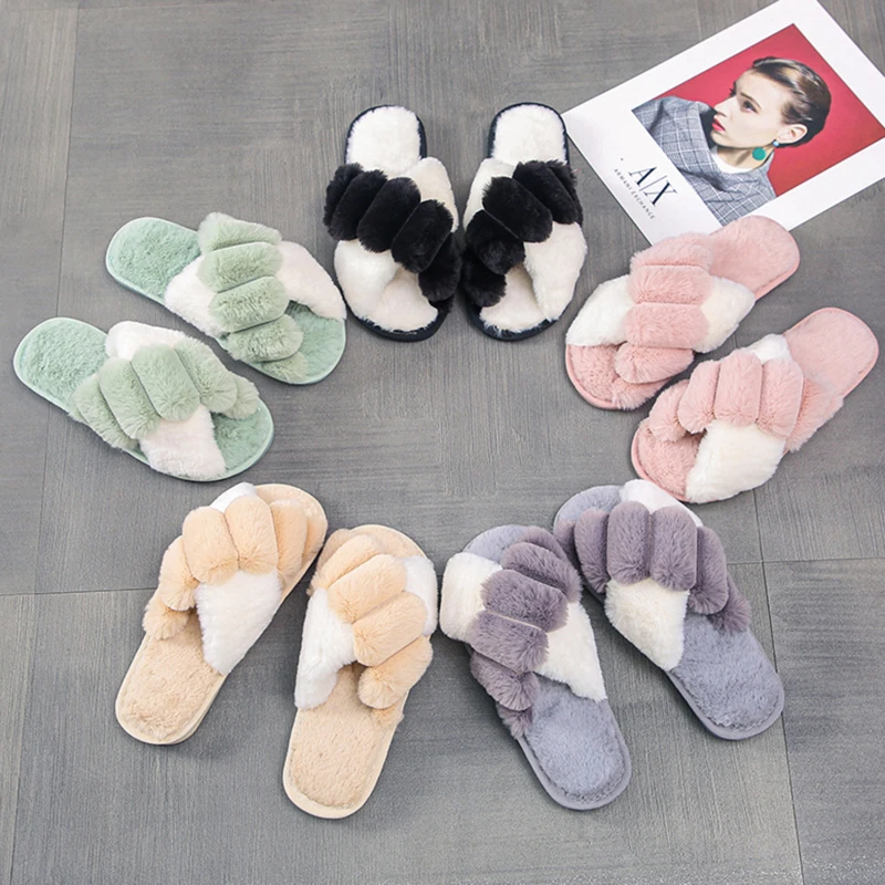 

Women Warm Fluffy Slippers Lady Female Comfortable Quality Flip Flop Cozy Faux Fur Cross Indoor Floor Slides Flat Soft Shoes