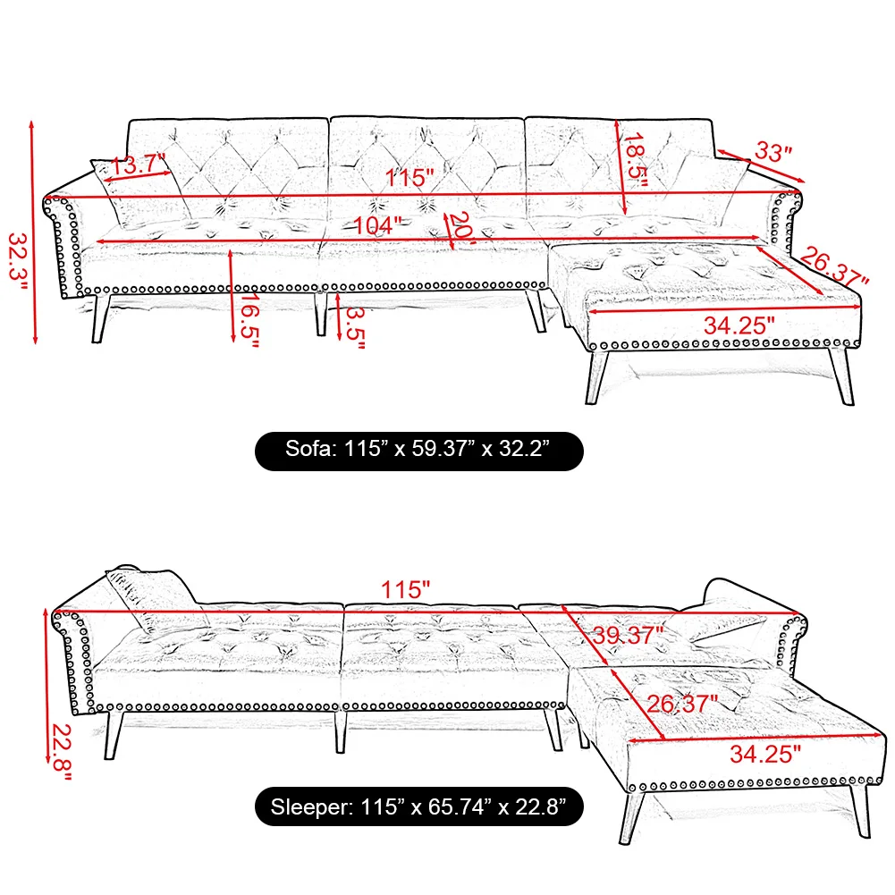 

Convertible Sofa Bed Sleeper Velvet Living Room Furniture Three Seats Assemble Sofa Black Gray