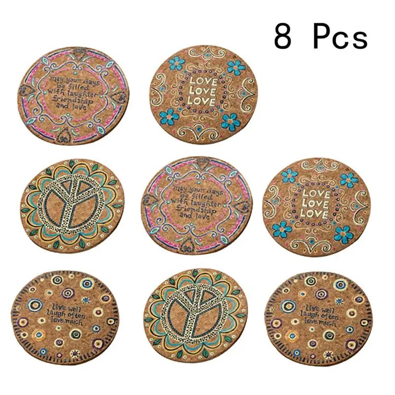 8 шт. круглые подставки из натуральной пробки термостойкие с рисунком для
