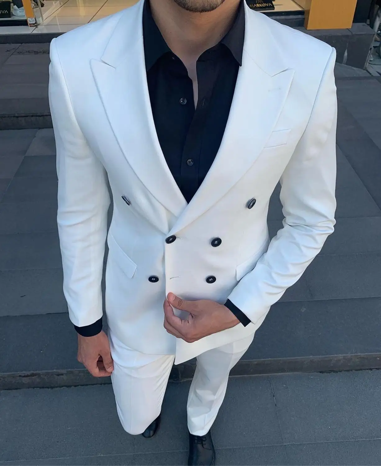 

Men Suit slim fit Tuxedos 2 piece V Neck Double Breasted Jacket Patterned Notched Lapel Casual for Wedding (Jacket+Pants+Vest)