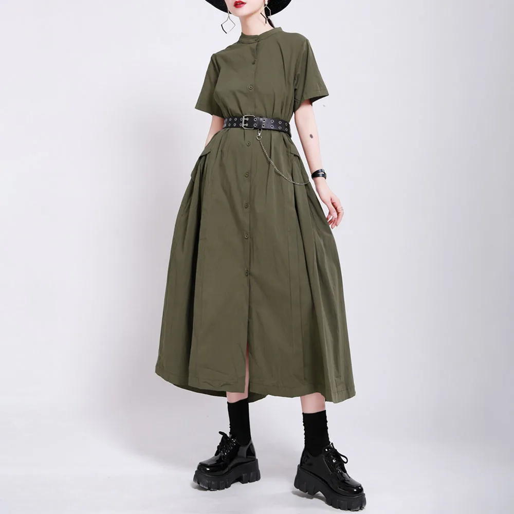 

Dress Women's Summer 2021 New Japanese Style Solid Color Splicing Fashion Loose Casual Single-breasted Stand-up Collar Simple