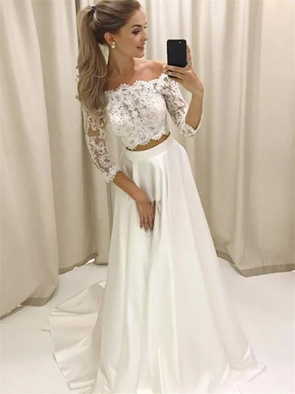 

Modern 2021 Lace Wedding Dress Two Pieces Illusion 3/4 Sleeves Sweep Train Country Garden Bridal wedding Gown Vestidoe De Noiva