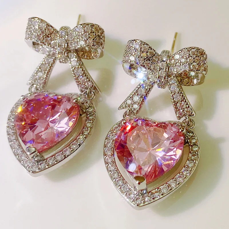 

Earring Women's S925 Silver Needle French Retro Micro-Inlaid Pink Full-Diamond Zircon Bow Big Love Earring Luxury Niche Design