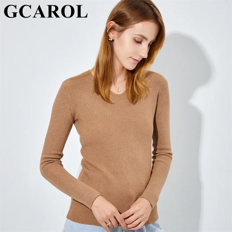 

GCAROL Winter Women V Neck Soft Warm Minimalist Sweater Stretch Warm Stripes Pattern Knitting Pullover Elegant Rib Knitwear 2XL