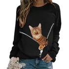 Женский свободный свитер с принтом кошки, Повседневный пуловер с длинным рукавом и круглым вырезом, футболка для осени и зимы, 2021