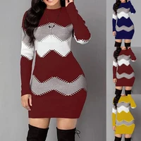 women sweater dress mini long sleeve bodycon dress o neck autumn color block warm sweater dress
