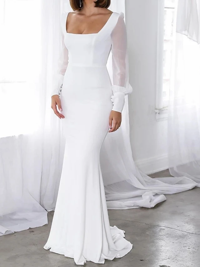 

Женское шифоновое платье-русалка, белое официальное вечернее платье с длинными рукавами и квадратными пуговицами, платье для выпусквечерн...