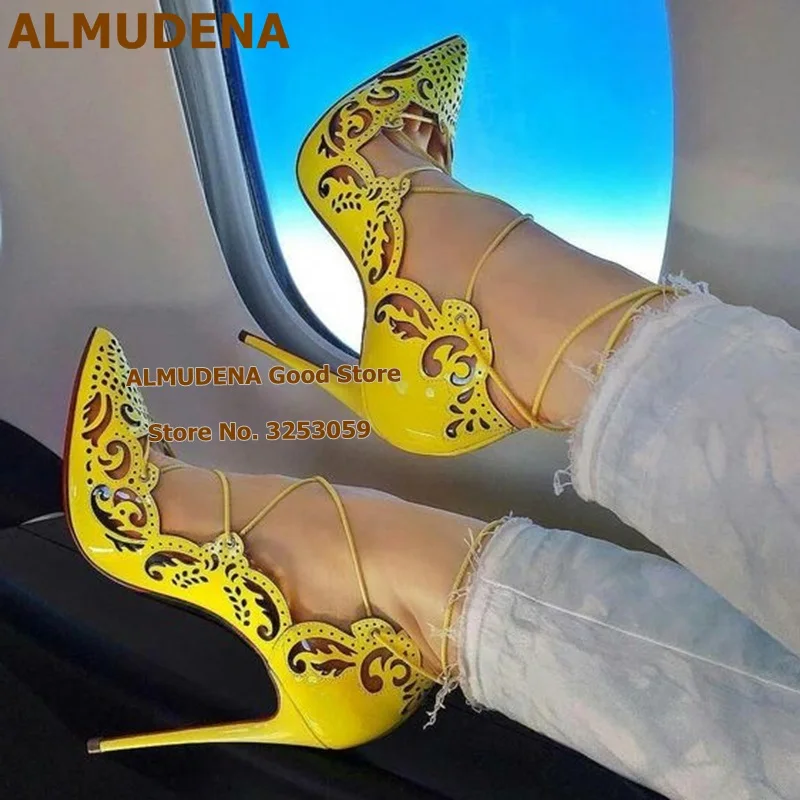 

ALMUDENA Patent Leather Carved Flowers High Heel Shoes Stiletto Heel Lace-up Floral Cut-out Cage Pumps Pointed Toe Wedding Shoes