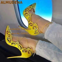 almudena patent leather carved flowers high heel shoes stiletto heel lace up floral cut out cage pumps pointed toe wedding shoes