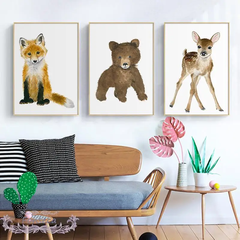 Акварельные милые детские животные плакаты медведь лиса олень кошка