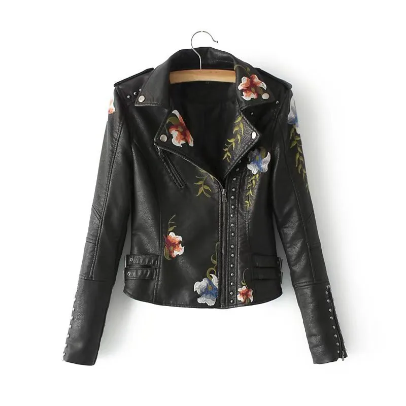 Women Flower Embroidery Punk Jacket Beige Motorcycle Rivet Zipper PU Leather Coat Slim Thin Short Girls Faux Streetwear | Женская одежда