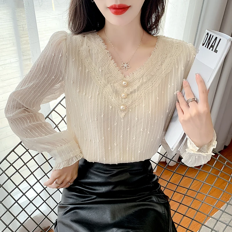 

Женские топы, кружевная блузка, топ с V-образным вырезом и длинным рукавом, женские блузы, Женская мода 2021, Летние Элегантные