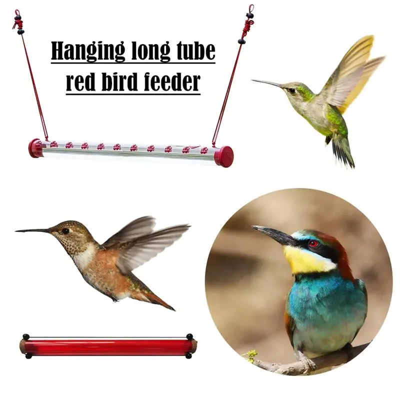 

Bird Feeder Creative Hanging Long Tube Red Bird Flower Food Container Feeder for Outdoors Deck Yard Garden Decoration