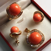 wholesale noble jewelry set 18kgp12 14mm orange shell pearlring pendant stud earring jade
