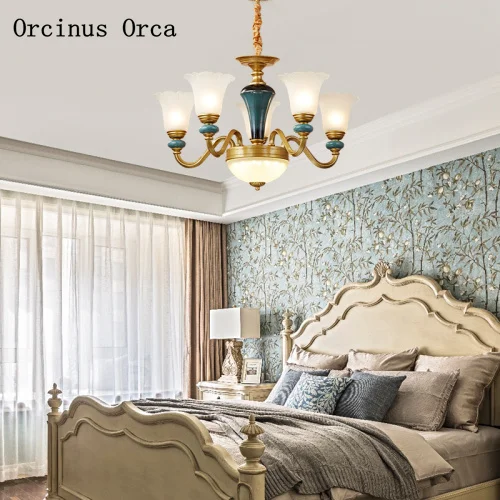 

European-style luxury blue ceramic chandelier living room dining room bedroom American retro LED glass chandelier