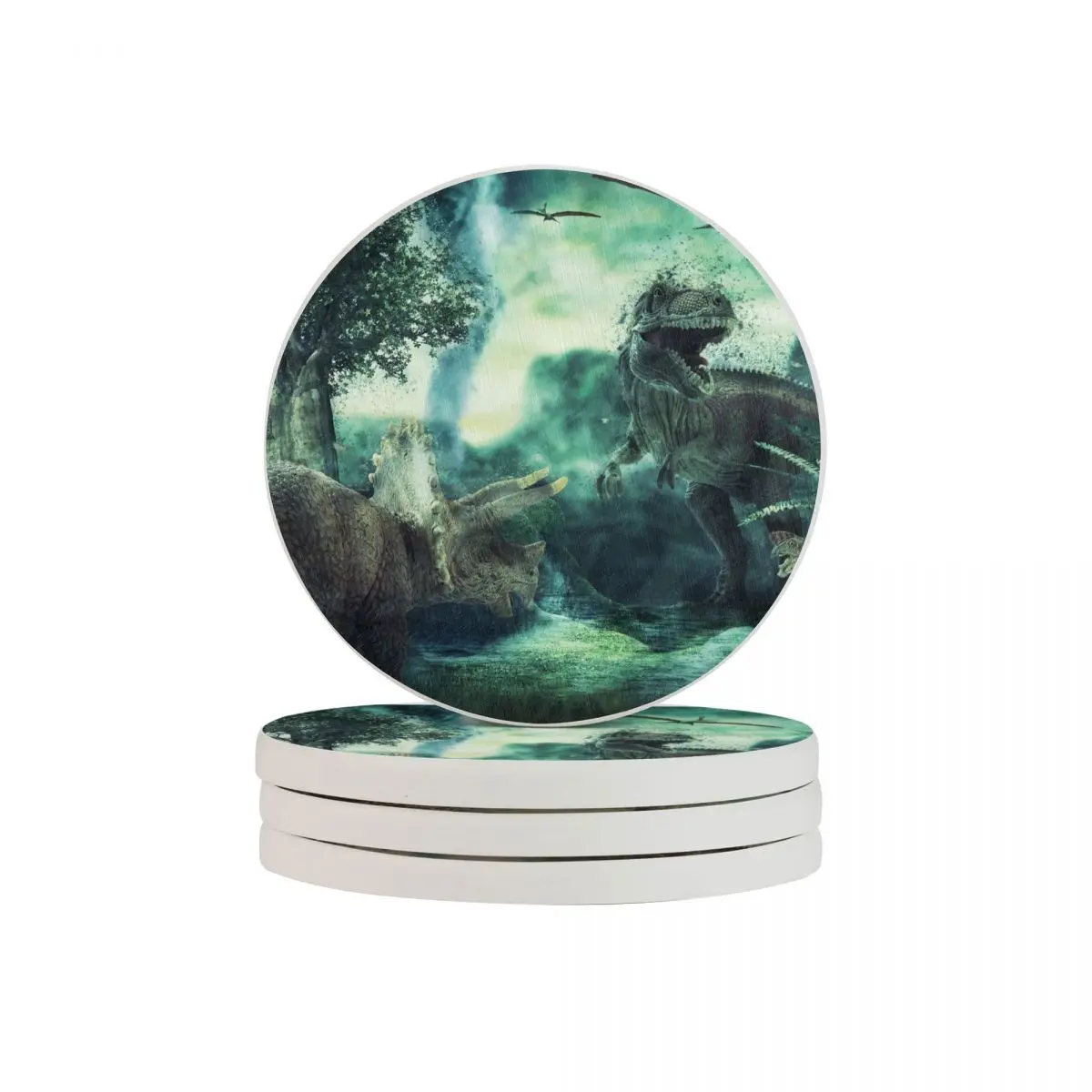 

Round Cup Mat Fantasy Landscape With Dinosaur 4 Pack Coasters Tea Coffee Mug Drinks Holder for Tableware Decor