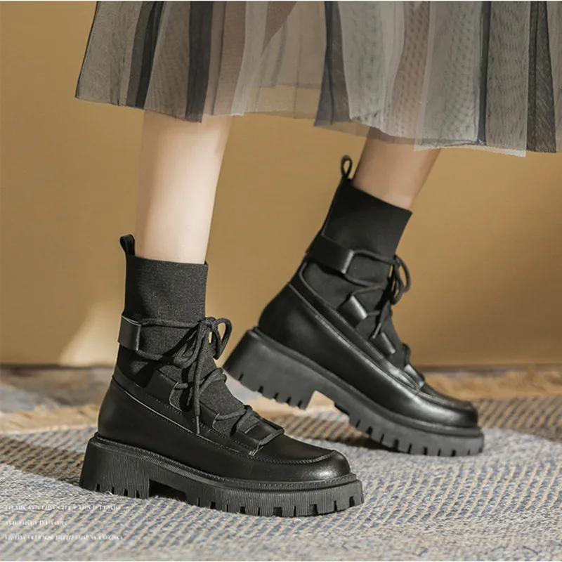 Punk Thick Sole Woman Boots Women's Motorcycle Boot Footwear Lace Up Leather Non Slip Fashion Platform Women New Autumn Spring