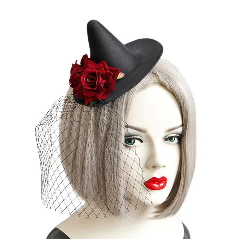 

Women Fascinator Party Red Rose Hairclip Witch Top Hat Black Net Veil Hairband