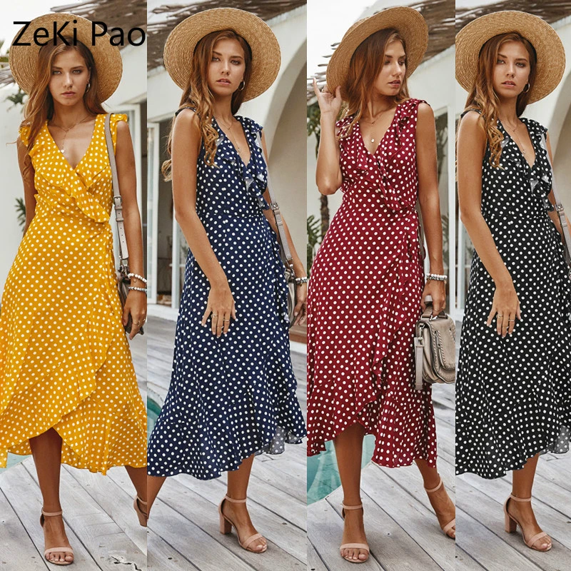 Женское летнее платье элегантное без рукавов с принтом в горошек v-образным