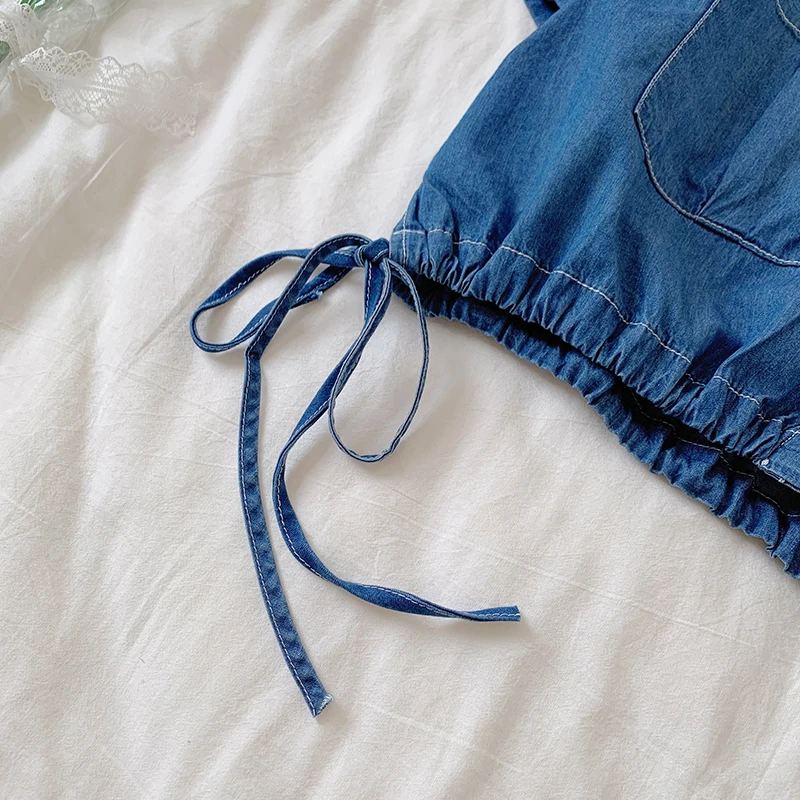 

Summer 2021 Womens Clothing Waist Strings Denim Shirt Vintage Blouse Women Short Top Turn Down Collar Shirt Woman Overshirt