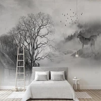 milofi custom 3d nordic minimalist black and white misty pine bird wolves background wall paper mural