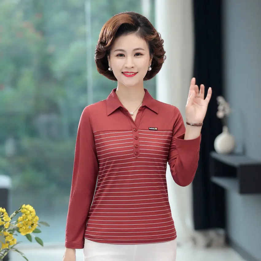 

Spring Autumn Wine Red Pink White Cross Stripe Polo Shirt Middle Aged Women Turn Down Collar Long Sleeve Cotton Top Plus Size