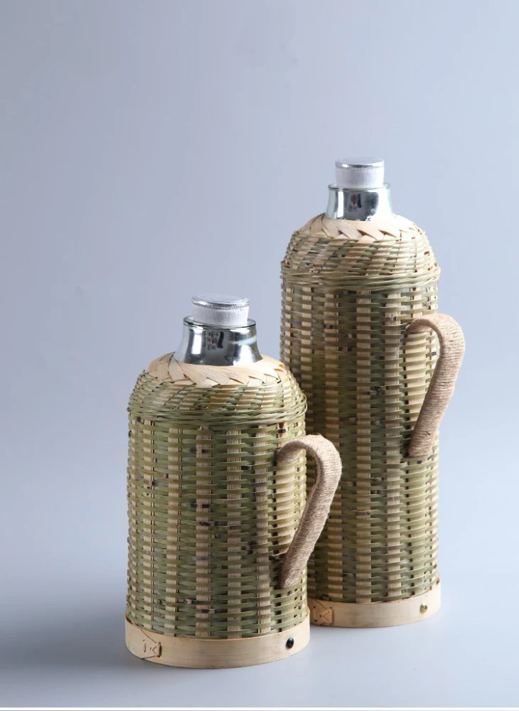 Handmade Bamboo Weaving Thermos Pot Bottle For Water With Cork Lid Cover And Handgrip Vacuum Flask Keep Warm Glass Inner Large