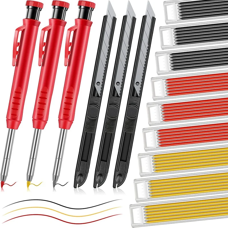 

3 Pieces Solid Carpenter Pencil Built-in Sharpener Woodworking Mechanical Pencils Solid Deep Hole Pen Marking Tools