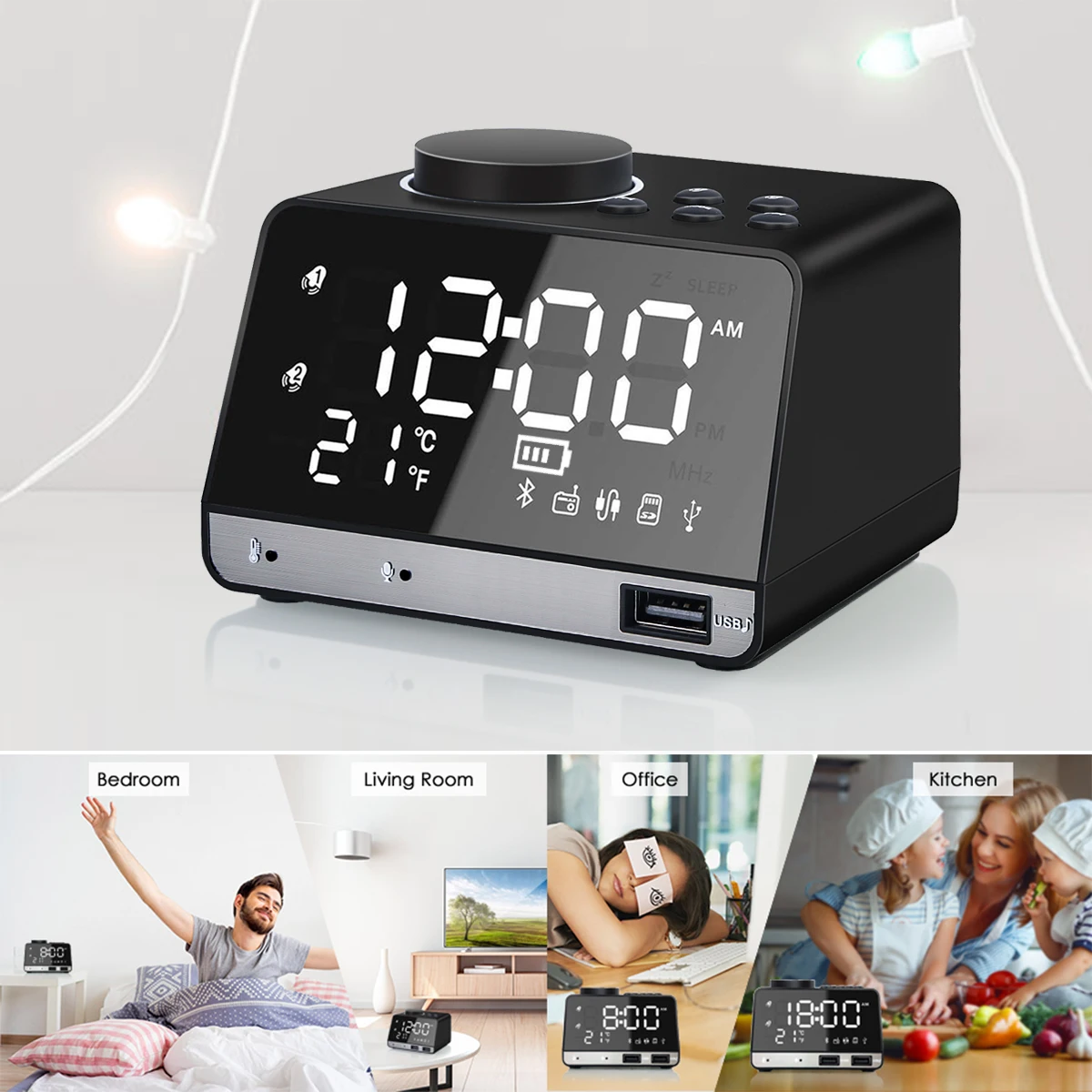 

Wireless Bluetooth Speaker Multi-function Mirror Alarm Clock Music Speaker FM Radio Support AUX TF Card Music Play