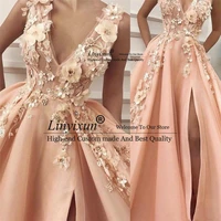 a line v neck peach prom dresses with slit peach 3d lace flowers evening dress applique elegant formal prom party gowns