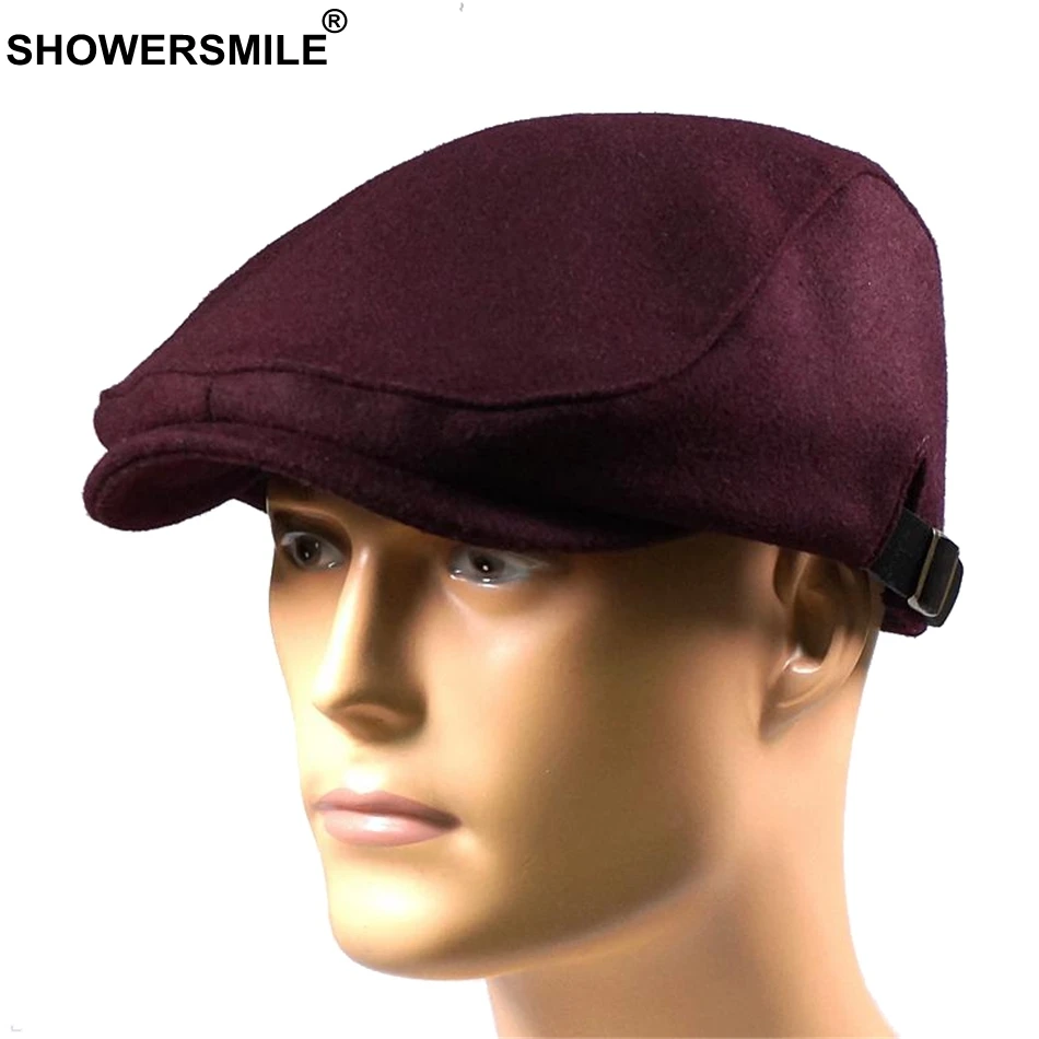 SHOWERSMILE мужские Береты Шерстяные британские винтажные плоские шапки Гэтсби мужские однотонные Серые Черные весенние осенние зимние регулируемые шлемы для водителя