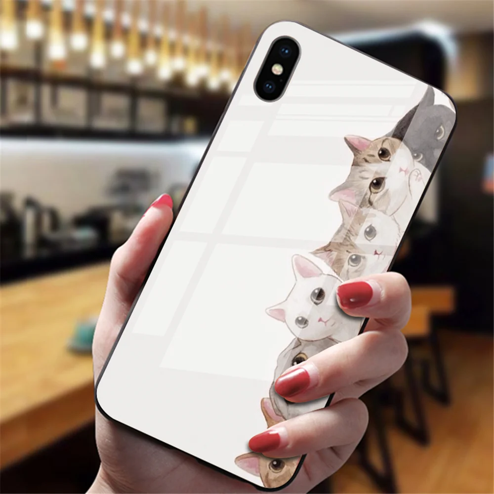 Забавная Милая задняя крышка с изображением кота для iphone XS Max XR X 5 5S 6 6S 7 8 Plus 11 Pro Max, милые чехлы из закаленного стекла - Цвет: 8052