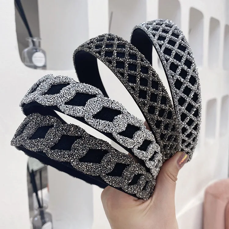 

Mesh Wide Brim Headband Rhinestone Chain Hair Hoop Classic Gray White Resin Chain Simplicity All Match Casual Hair Accessories