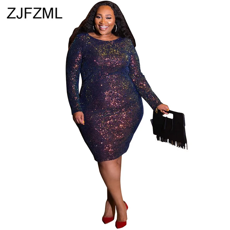 Блестками пикантные размера плюс платье 2021 для женщин с круглым вырезом
