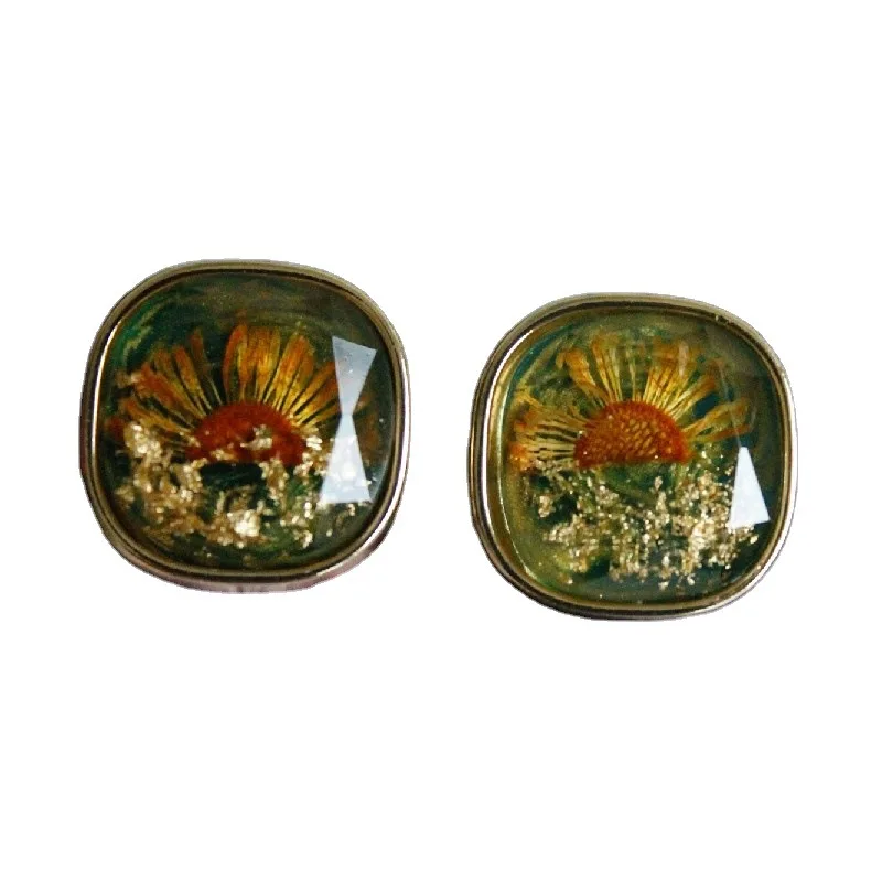 

Fashion Vintage Woman's Earrings Square Stud Earring Zinc Alloy Inlay Beautiful Flowers Resin Clip Earrings 19*19mm