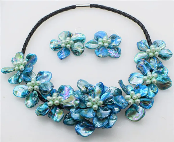 

HABITOO Ethnic 18inch Natural Freshwater Blue Rice Pearl Shell Pearl Flat Flower Necklace Earrings for Women Jewelry Sets