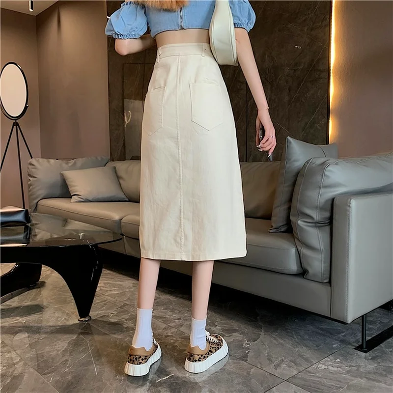 Юбка-миди женская джинсовая с карманами и Боковым Разрезом | Женская одежда