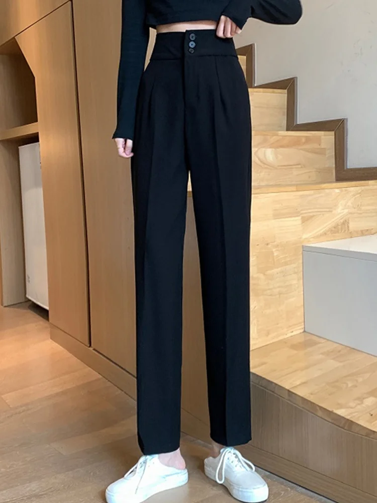 Black suit pants women's spring and autumn high waist hanging wide leg 2021 new small straight casual trend | Женская одежда