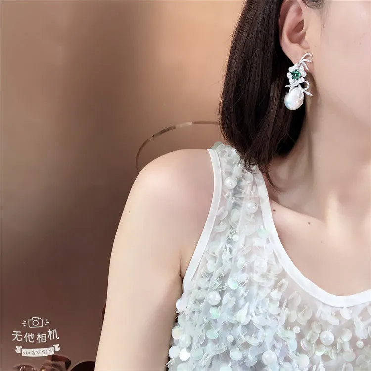 

14x21MM White Keshi Pearl Earrings Green Cz Pave Flower Earrings
