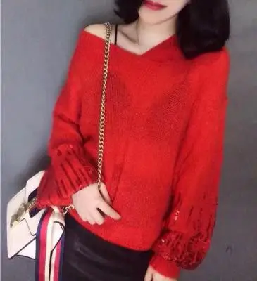 Сексуальный тонкий вязаный свитер с v-образным вырезом расшитый блестками