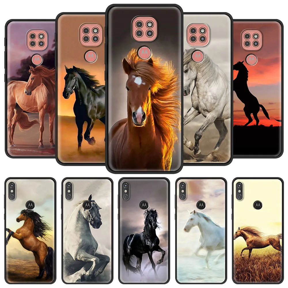 

Phone Case for Motorola Moto G9 Play One Fusion Plus G8 Power G Stylus Hyper E7 Edge Lite Black Cover Running Horse Animal