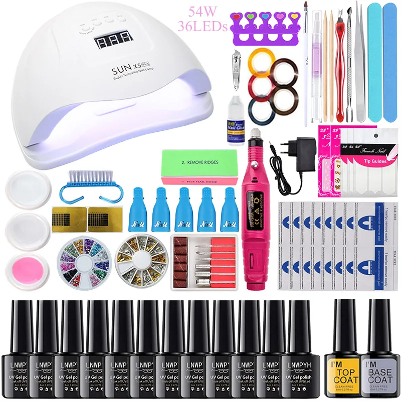 54W choose 12color 80 Вт УФ лампа для ногтей, набор для маникюра Комплект 18/12/8 расцветок гель Лаки комплект Фрезер для ногтей, сверлильный станок комплект пилочка для ногтей инструмент набор для наращивания ногтей - Цвет: 54W choose 12color