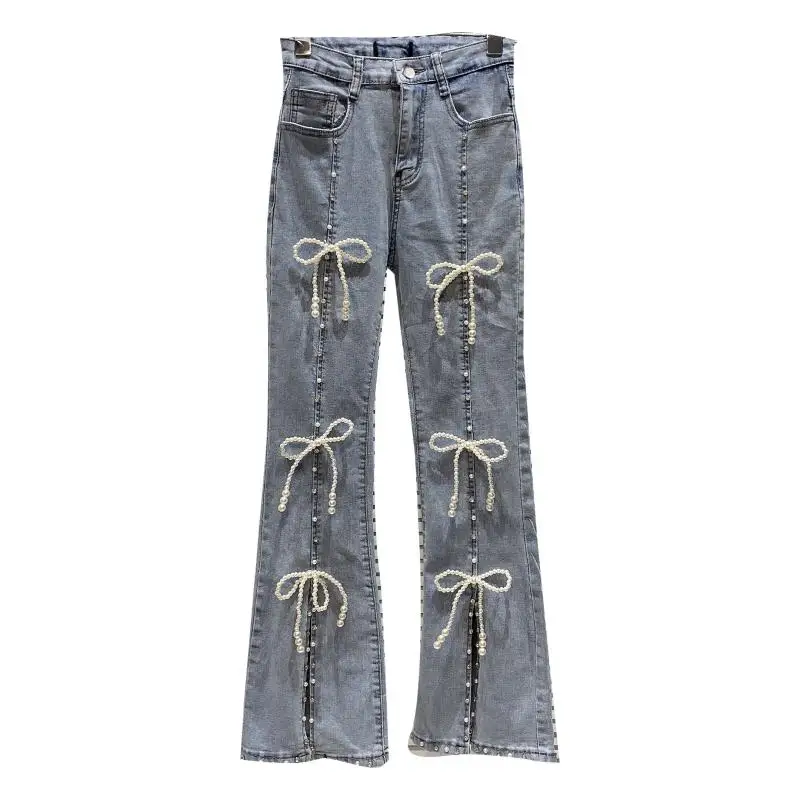 

Women's Blue Bootcut Trousers 2021 Summer Pearl Bow Slit Slim Cropped Jeans Female Streetwear Baggy Vintage Denim Pants