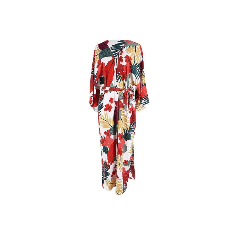 

2021 summer Bohemian flower deep V-Neck long sleeve seaside sexy sunscreen smock dress belt Beach Dress