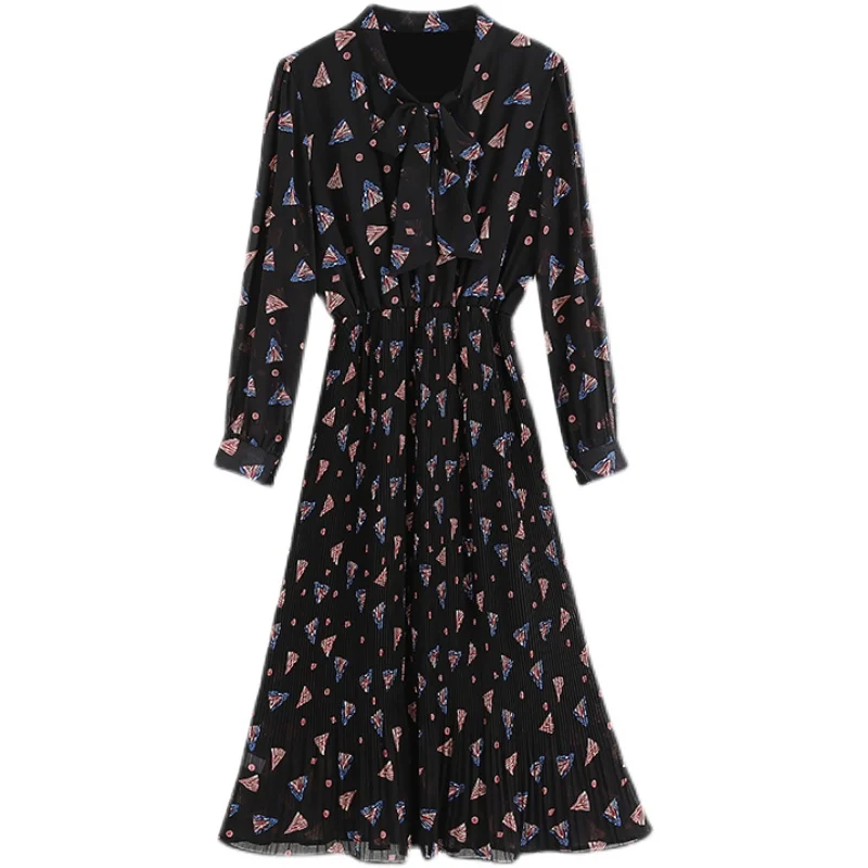 

Женское шифоновое платье с бантом, офисное плиссированное платье в Корейском стиле с длинным рукавом и цветочным принтом, весна 2021