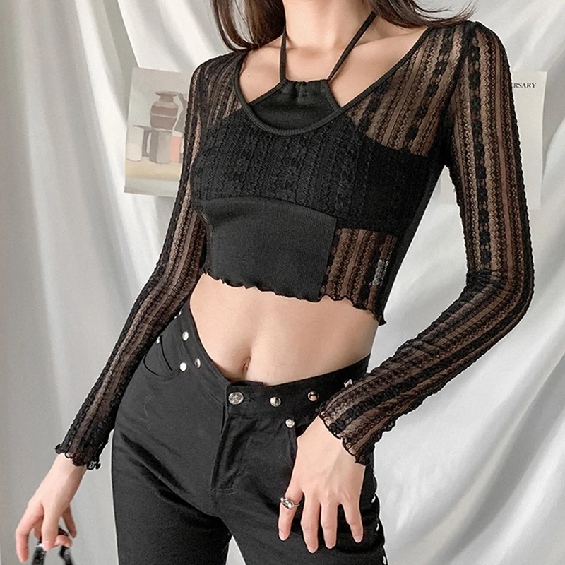 

Women's Halter Slim Mesh Stitching Fashion Street Long Sleeve T-Shirt Black