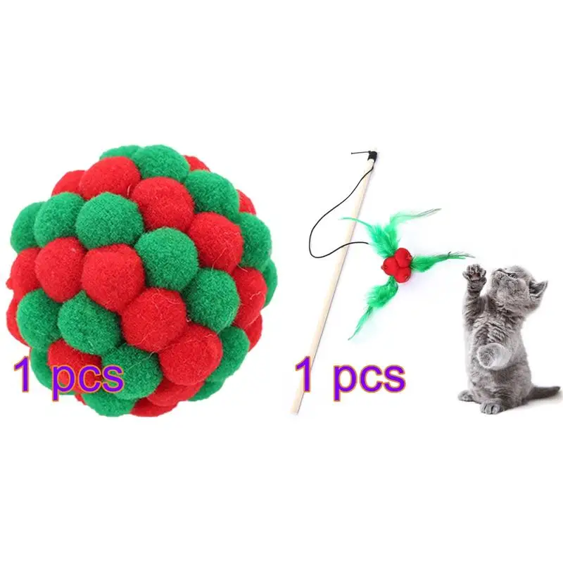 

2pcs Pet Cat Toy Christmas Cat Teaser Wand Bell Pom Pom Faux Feather Cat Wand with Cat Chewing Ball Pet Accessories for Cats